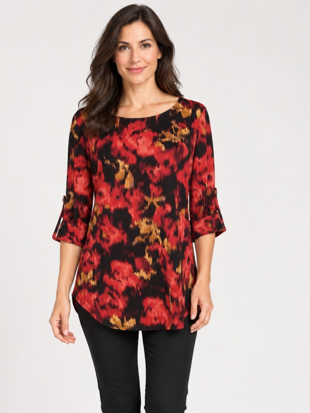 New Directions Petite PS Red Black Abstract Print Tunic Top Button Tab Sleeves